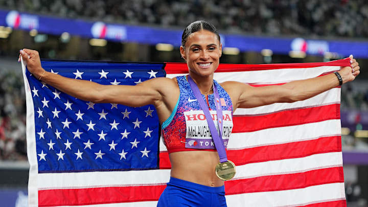 Sydney Mclaughlin-Levrone celebrates after winning the gold medal in the women's 400m. Sydney Mclaughlin-Levrone celebrates after winning the gold medal in the women's 400m.