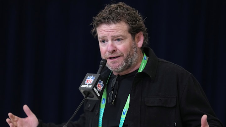 Feb 24, 2026; Indianapolis, IN, USA; Seattle Seahawks general manager John Schneider speaks at the NFL Scouting Combine at the Indiana Convention Center. Mandatory Credit: Kirby Lee-Imagn Images Feb 24, 2026; Indianapolis, IN, USA; Seattle Seahawks general manager John Schneider speaks at the NFL Scouting Combine at the Indiana Convention Center. Mandatory Credit: Kirby Lee-Imagn Images