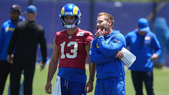 Jun 2, 2026; Woodland Hills, CA, USA; Los Angeles Rams quarterback Stetson Bennett IV (13) and coach Sean McVay during organized team activities at Rams Practice Facility. Mandatory Credit: Kirby Lee-Imagn Images