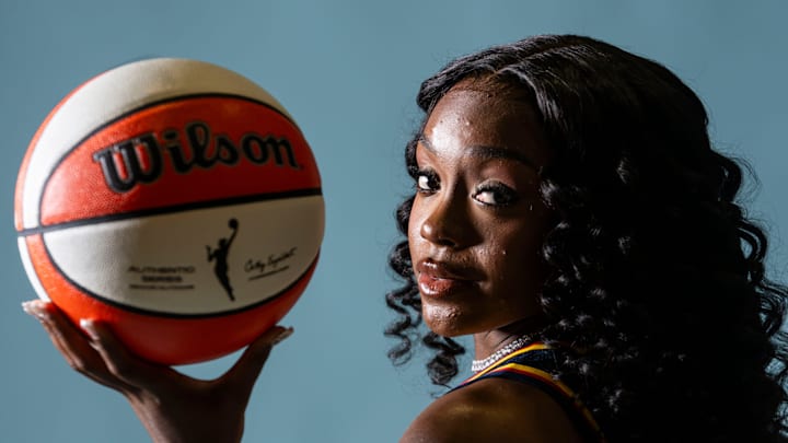 Indiana Fever guard Raven Johnson (3) poses for a photo Wednesday, April 22, 2026, during media day at Gainbridge Fieldhouse in Indianapolis.