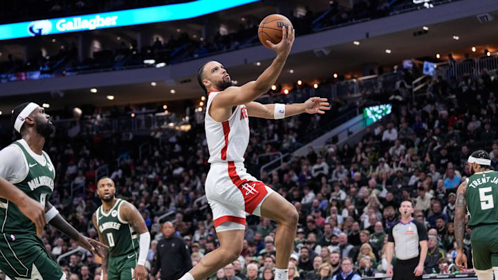 Nov 18, 2024; Milwaukee, Wisconsin, USA;  Houston Rockets forward Dillon Brooks (9) during the game against the Milwaukee Bucks at Fiserv Forum. Mandatory Credit: Jeff Hanisch-Imagn Images