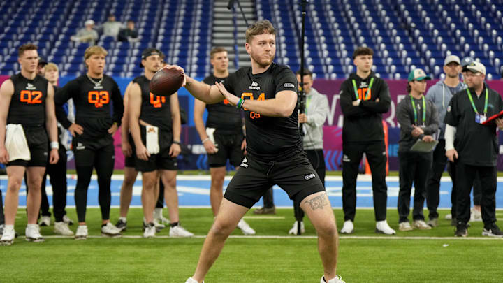 Mar 1, 2025; Indianapolis, IN, USA; Texas quarterback Quinn Ewers (QB04) during the 2025 NFL Combine at Lucas Oil Stadium. Mandatory Credit: Kirby Lee-Imagn Images