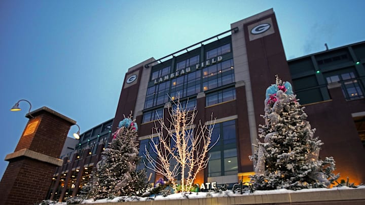 Dec 23, 2024; Green Bay, Wisconsin, USA; General view of trees decorated for Christmas outside of Lambeau Field prior to the game between the New Orleans Saints and Green Bay Packers. Mandatory Credit: Jeff Hanisch-Imagn Images Dec 23, 2024; Green Bay, Wisconsin, USA; General view of trees decorated for Christmas outside of Lambeau Field prior to the game between the New Orleans Saints and Green Bay Packers. Mandatory Credit: Jeff Hanisch-Imagn Images