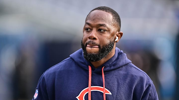 Nov 17, 2024; Chicago, Illinois, USA; Chicago Bears offensive coordinator Thomas Brown looks on before the game against the Green Bay Packers at Soldier Field.