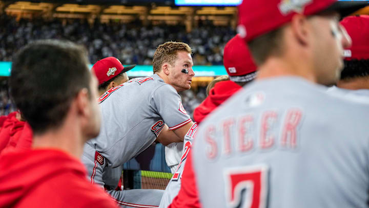 Cincinnati Reds second baseman Matt McLain (9) looks on in the top of the ninth inning of the MLB National League Wild Card Game 2 between the Los Angeles Dodgers and the Cincinnati Reds at Dodger Stadium in Los Angeles on Wednesday, Oct. 1, 2025. The Reds were eliminated from the postseason with an 8-4 loss to the reining World Series Champions La Dodgers.
