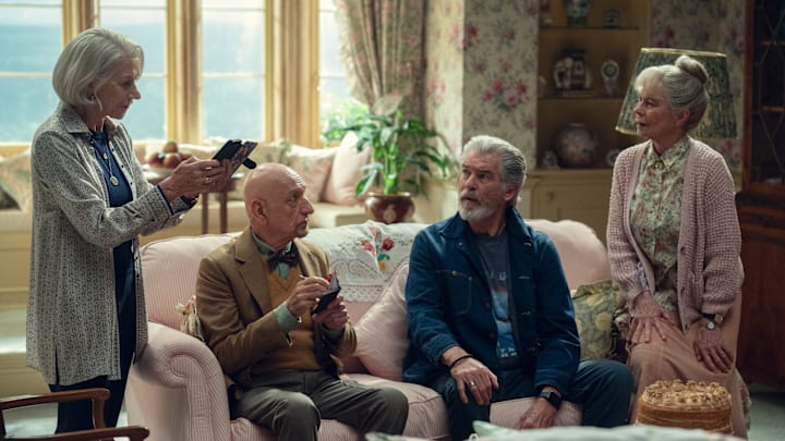 The Thursday Murder Club (L to R) Helen Mirren, Sir Ben Kingsley, Pierce Brosnan, and Celia Imrie. Photo Credit: Giles Keyte / Netflix