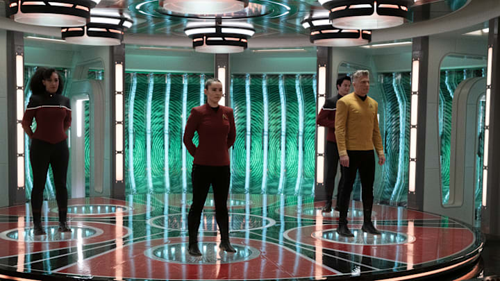 Christina Chong as La'an, Jack Quaid as Boimler, Tawny Newsome as Mariner and Anson Mount as Pike appearing in Star Trek: Strange New Worlds, streaming on Paramount+, 2023. Photo Cr: Michael Gibson/Paramount+