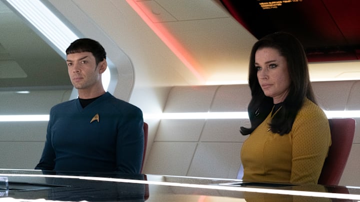 L-R Ethan Peck as Spock and Rebecca Romijn as Una in Star Trek: Strange New Worlds streaming on Paramount+, 2023. Photo Credit: Michael Gibson/Paramount+