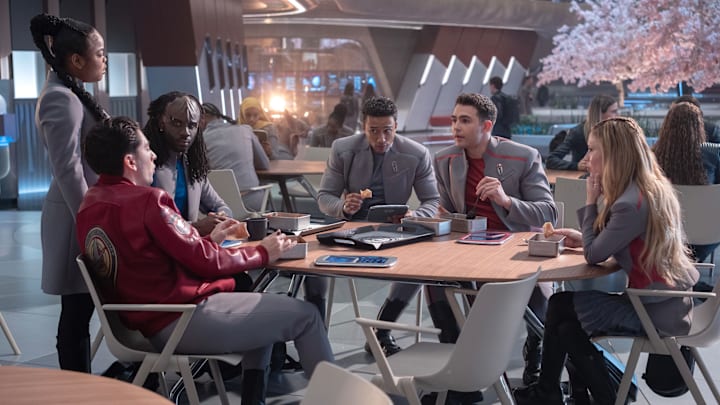L-R: Kerrice Brooks, Romeo Carere, Karim Diané, Sandro Rosta, George Hawkins and Bella Shepard in season 1 , episode 5 of Star Trek: Starfleet Academy streaming on Paramount+. Photo Credit: Brooke Palmer/Paramount+ L-R: Kerrice Brooks, Romeo Carere, Karim Diané, Sandro Rosta, George Hawkins and Bella Shepard in season 1 , episode 5 of Star Trek: Starfleet Academy streaming on Paramount+. Photo Credit: Brooke Palmer/Paramount+
