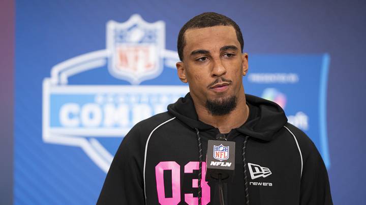 Feb 26, 2026; Indianapolis, IN, USA; Oregon defensive back Jadon Canady (DB03) speaks to members of the media during the NFL Combine at the Indiana Convention Center. Mandatory Credit: Jacob Musselman-Imagn Images