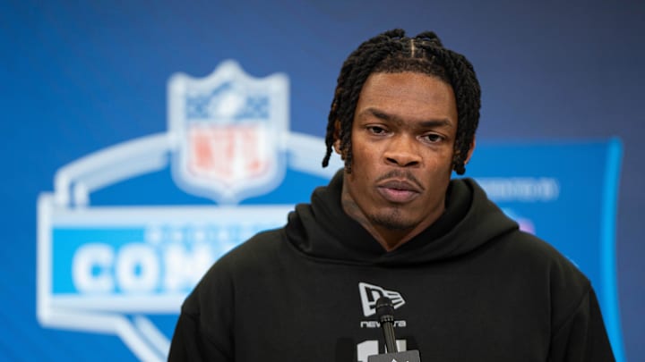 Feb 27, 2026; Indianapolis, IN, USA; LSU wideout Barion Brown (WO11) speaks to members of the media during the NFL Combine at the Indiana Convention Center. Mandatory Credit: Jacob Musselman-Imagn Images Feb 27, 2026; Indianapolis, IN, USA; LSU wideout Barion Brown (WO11) speaks to members of the media during the NFL Combine at the Indiana Convention Center. Mandatory Credit: Jacob Musselman-Imagn Images