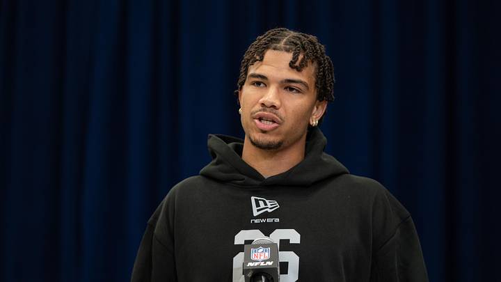 Feb 27, 2026; Indianapolis, IN, USA; North Dakota State wideout Bryce Lance (WO26) speaks to members of the media during the NFL Combine at the Indiana Convention Center. Mandatory Credit: Jacob Musselman-Imagn Images