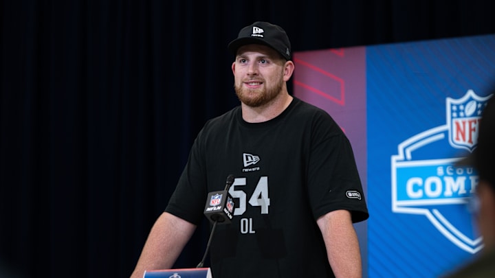 Feb 28, 2026; Indianapolis, IN, USA; Washington offensive lineman Carver Willis (OL54) speaks to members of the media during the NFL Combine at the Indiana Convention Center. Mandatory Credit: Jacob Musselman-Imagn Images