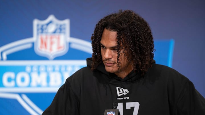 Feb 26, 2026; Indianapolis, IN, USA; Arizona defensive back Genesis Smith (DB47) speaks to members of the media during the NFL Combine at the Indiana Convention Center. Mandatory Credit: Jacob Musselman-Imagn Images