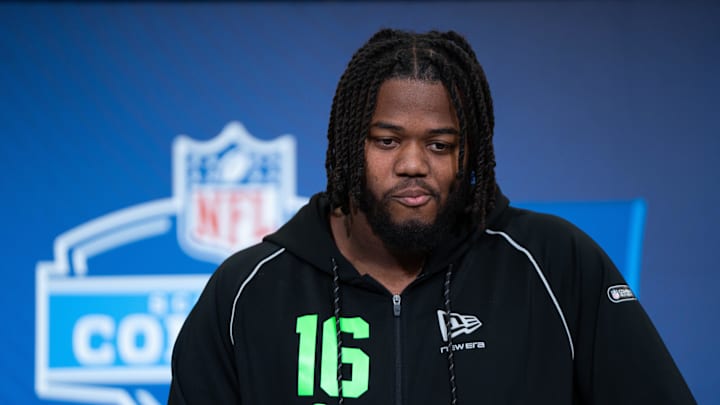 Feb 28, 2026; Indianapolis, IN, USA; Texas A&M offensive lineman Dametrious Crownover (OL16) speaks to members of the media during the NFL Combine at the Indiana Convention Center. Mandatory Credit: Jacob Musselman-Imagn Images