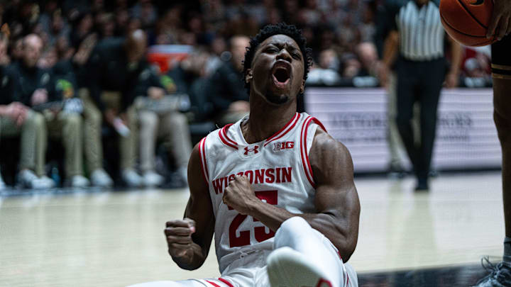 Mar 7, 2026; West Lafayette, Indiana, USA; Wisconsin Badgers guard John Blackwell (25) celebrates making a basket during the first half against the Purdue Boilermakers at Mackey Arena.