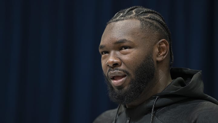 Mar 1, 2025; Indianapolis, IN, USA; University of Miami offensive lineman Jalen Rivers (OL34) answers questions at a press conference during the 2025 NFL Combine at Indiana Convention Center. Mandatory Credit: Jacob Musselman-Imagn Images