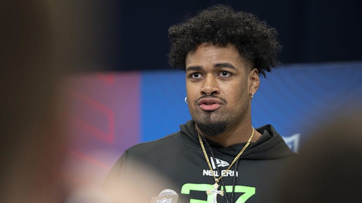 Mar 1, 2025; Indianapolis, IN, USA; Ohio State University offensive lineman Josh Simmons (OL37) answers questions at a press conference during the 2025 NFL Combine at Indiana Convention Center. Mandatory Credit: Jacob Musselman-Imagn Images