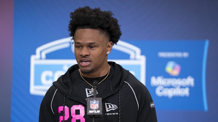 Feb 26, 2026; Indianapolis, IN, USA; Duke defensive back Chandler Rivers (DB28) speaks to members of the media during the NFL Combine at the Indiana Convention Center. Mandatory Credit: Jacob Musselman-Imagn Images