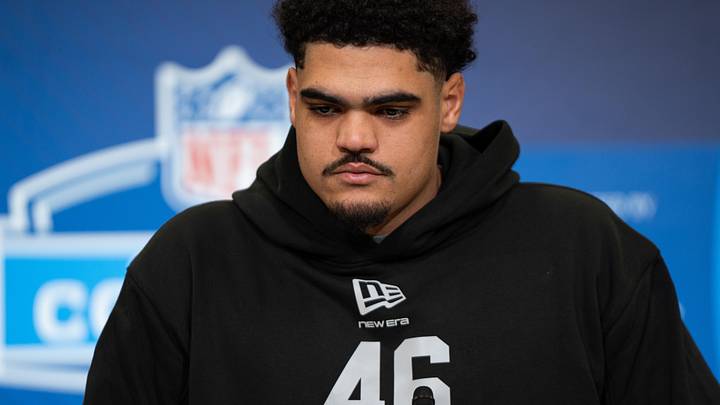 Penn State offensive lineman Drew Shelton speaks to members of the media during the NFL Combine.