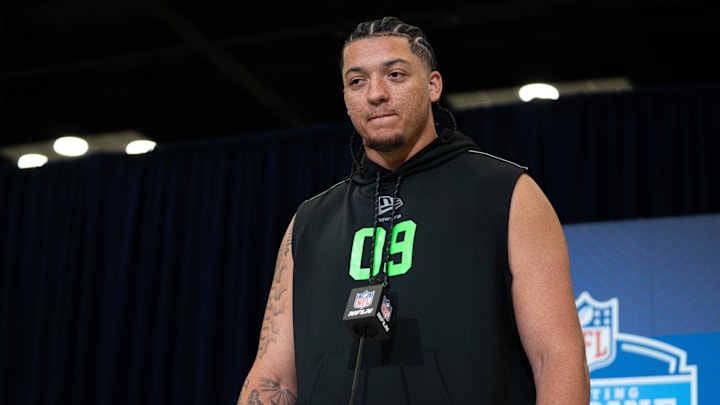 Feb 28, 2026; Indianapolis, IN, USA; Memphis offensive lineman Travis Burke (OL09) speaks to members of the media during the NFL Combine at the Indiana Convention Center. Feb 28, 2026; Indianapolis, IN, USA; Memphis offensive lineman Travis Burke (OL09) speaks to members of the media during the NFL Combine at the Indiana Convention Center.