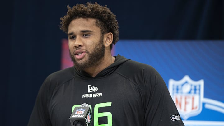 Mar 1, 2025; Indianapolis, IN, USA; Purdue University offensive lineman Marcus Mbow (OL26) answers questions at a press conference during the 2025 NFL Combine at Indiana Convention Center.  