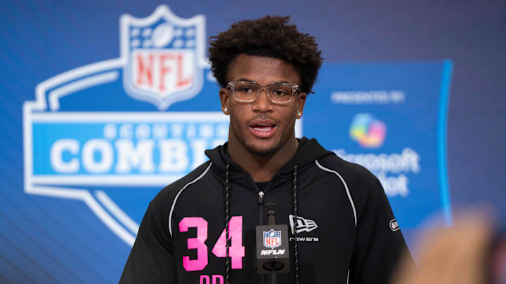 Feb 26, 2026; Indianapolis, IN, USA; Ohio State defensive back Caleb Downs (DB34) speaks to members of the media during the NFL Combine at the Indiana Convention Center.  