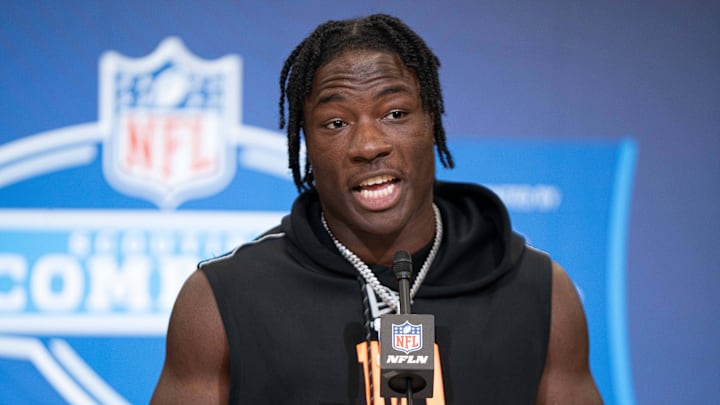Feb 27, 2026; Indianapolis, IN, USA; Nebraska running back Emmett Johnson (RB10) speaks to members of the media during the NFL Combine at the Indiana Convention Center. Mandatory Credit: Jacob Musselman-Imagn Images