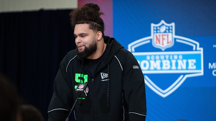 Feb 28, 2026; Indianapolis, IN, USA; Missouri offensive lineman Keagen Trost (OL51) speaks to members of the media during the NFL Combine at the Indiana Convention Center. Mandatory Credit: Jacob Musselman-Imagn Images