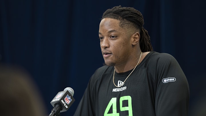 Mar 1, 2025; Indianapolis, IN, USA; University of Georgia offensive lineman Jared Wilson (OL49) answers questions at a press conference during the 2025 NFL Combine at Indiana Convention Center. Mandatory Credit: Jacob Musselman-Imagn Images