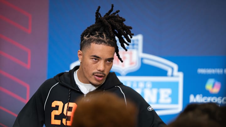 Feb 27, 2026; Indianapolis, IN, USA; Southern California wideout Makai Lemon (WO29) speaks to members of the media during the NFL Combine at the Indiana Convention Center. Mandatory Credit: Jacob Musselman-Imagn Images