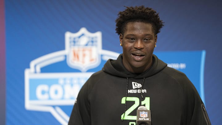 Mar 1, 2025; Indianapolis, IN, USA; Louisiana State offensive lineman Emery Jones (OL21) answers questions at a press conference during the 2025 NFL Combine at Indiana Convention Center. Mandatory Credit: Jacob Musselman-Imagn Images