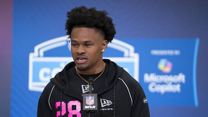 Feb 26, 2026; Indianapolis, IN, USA; Duke defensive back Chandler Rivers (DB28) speaks to members of the media during the NFL Combine at the Indiana Convention Center. Mandatory Credit: Jacob Musselman-Imagn Images