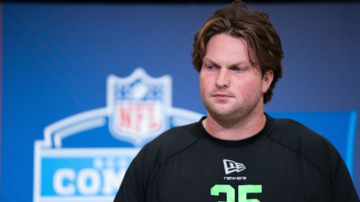 Feb 28, 2026; Indianapolis, IN, USA; Clemson offensive lineman Blake Miller (OL35) speaks to members of the media during the NFL Combine at the Indiana Convention Center. Mandatory Credit: Jacob Musselman-Imagn Images