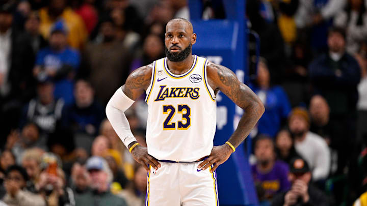 Jan 24, 2026; Dallas, Texas, USA; Los Angeles Lakers forward LeBron James (23) looks on during the game against the Dallas Mavericks at the American Airlines Center. Mandatory Credit: Jerome Miron-Imagn Images