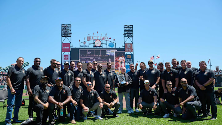 Members of the 2014 San Francisco Giants World Series Team pose for a group photo before the game between the Detroit Tigers and the San Francisco Giants at Oracle Park in 2024.