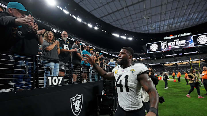 Nov 2, 2025; Paradise, Nevada, USA; Jacksonville Jaguars defensive end Josh Hines-Allen (41) waves to fans after the win against the Las Vegas Raiders at Allegiant Stadium. Mandatory Credit: Kirby Lee-Imagn Images
