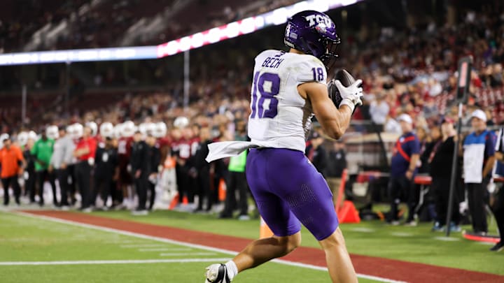 Aug 30, 2024; Stanford, California, USA; TCU Horned Frogs wide receiver Jack Bech (18) scores a touchdown during the second half against the Stanford Cardinal at Stanford Stadium. Mandatory Credit: Sergio Estrada-Imagn Images
