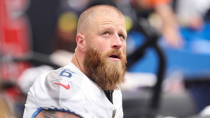 Tennessee Titans kicker Joey Slye looks up from the bench