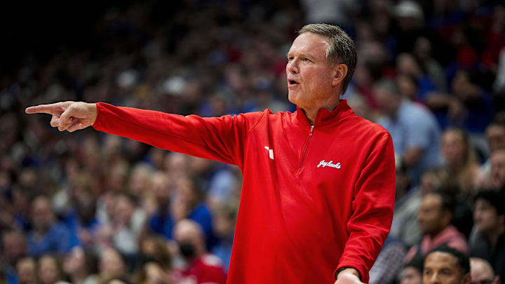 Nov 3, 2025; Lawrence, Kansas, USA; Kansas Jayhawks head coach Bill Self reacts during the first half against the Green Bay Phoenix at Allen Fieldhouse. Mandatory Credit: Jay Biggerstaff-Imagn Images