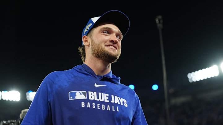 Oct 5, 2025; Toronto, Ontario, CAN; Toronto Blue Jays pitcher Trey Yesavage (39) celebrates after winning game two of the ALDS against the New York Yankees for the 2025 MLB playoffs at Rogers Centre. Oct 5, 2025; Toronto, Ontario, CAN; Toronto Blue Jays pitcher Trey Yesavage (39) celebrates after winning game two of the ALDS against the New York Yankees for the 2025 MLB playoffs at Rogers Centre.