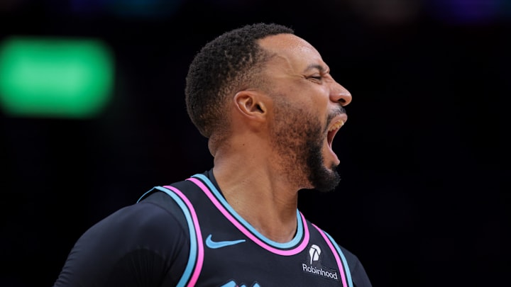 Nov 17, 2025; Miami, Florida, USA; Miami Heat guard Norman Powell (24) reacts against the New York Knicks during the fourth quarter at Kaseya Center. Mandatory Credit: Sam Navarro-Imagn Images