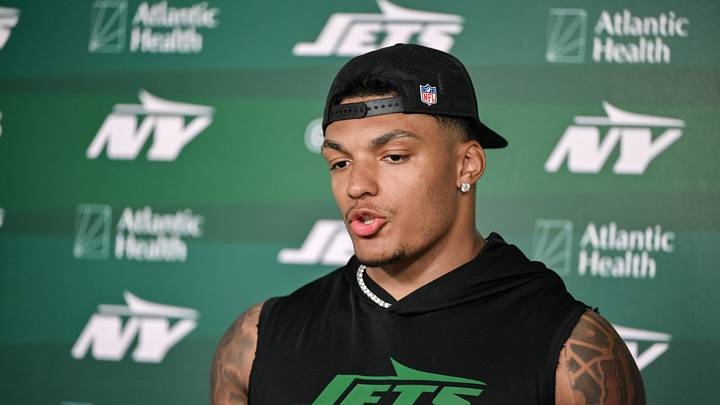 Jun 10, 2026; Florham Park, NY, USA; New York Jets running back Braelon Allen (0) speaks at a press conference during minicamp at Atlantic Health Jets Training Center. Mandatory Credit: John Jones-Imagn Images