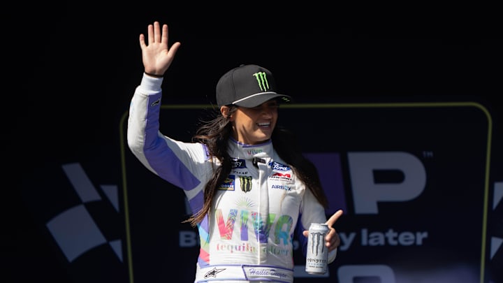 Former NASCAR Xfinity Series driver Hailie Deegan (15) waves at fans during the driver’s introductions before the start of the NASCAR Xfinity Sonoma 250 at Sonoma Raceway. 