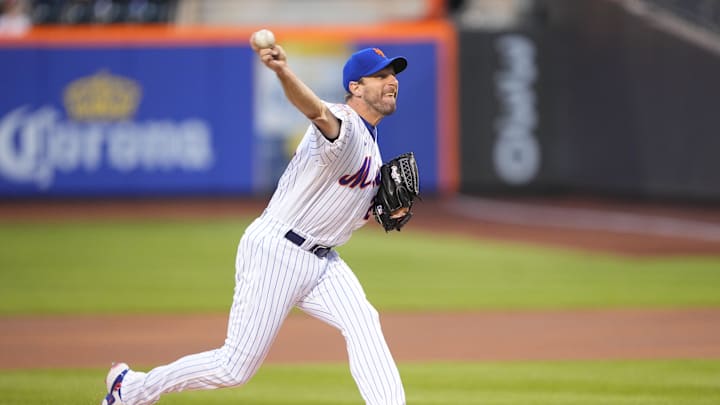Apr 10, 2023; New York City, New York, USA; New York Mets pitcher Max Scherzer (21) delivers a pitch