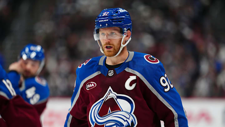 Mar 25, 2025; Denver, Colorado, USA; Colorado Avalanche left wing Gabriel Landeskog (92) during the second period against the Dallas Stars at Ball Arena. Mandatory Credit: Ron Chenoy-Imagn Images