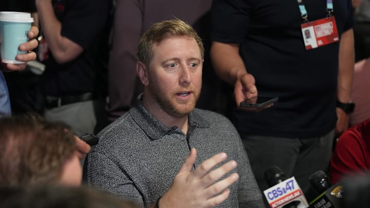 Mar 31, 2025; Palm Beach, FL, USA;  Jacksonville Jaguars head coach Liam Coen attends the NFL Annual League Meeting at The Breakers. Mandatory Credit: Jim Rassol-Imagn Images