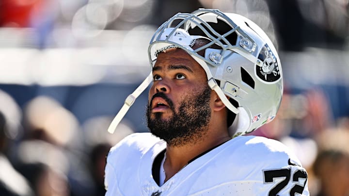 Oct 22, 2023; Chicago, Illinois, USA;  Las Vegas Raiders guard Jermaine Eluemunor (72) heads to the