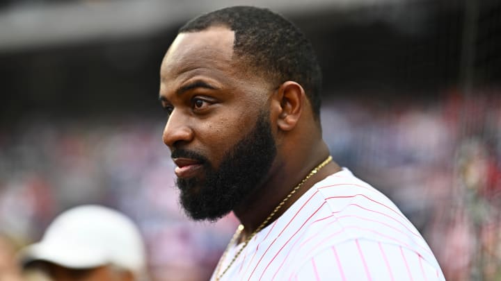 Mar 30, 2024; Philadelphia, Pennsylvania, USA; Former Philadelphia Eagle Fletcher Cox appears before the game between the Philadelphia Phillies and Atlanta Braves at Citizens Bank Park. Mandatory Credit: Kyle Ross-USA TODAY Sports Mar 30, 2024; Philadelphia, Pennsylvania, USA; Former Philadelphia Eagle Fletcher Cox appears before the game between the Philadelphia Phillies and Atlanta Braves at Citizens Bank Park. Mandatory Credit: Kyle Ross-USA TODAY Sports