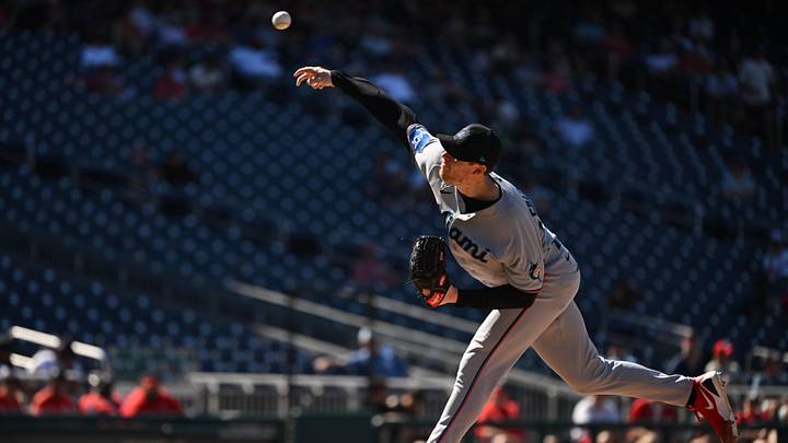 Jun 3, 2026; Washington, District of Columbia, USA; Miami Marlins pitcher Pete Fairbanks (29) throws a pitch against the Washington Nationals during the ninth inning at Nationals Park. Mandatory Credit: Rafael Suanes-Imagn Images